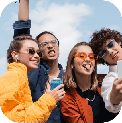 Diverse group of friends laughing together, symbolizing Mixu's global connection